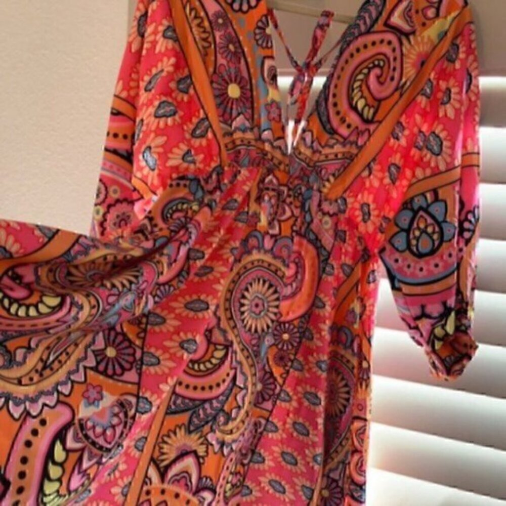 Floral Print Lace Up V-neck Dress, Boho Short Sleeve Waist Backless Summer L - Picture 2 of 6